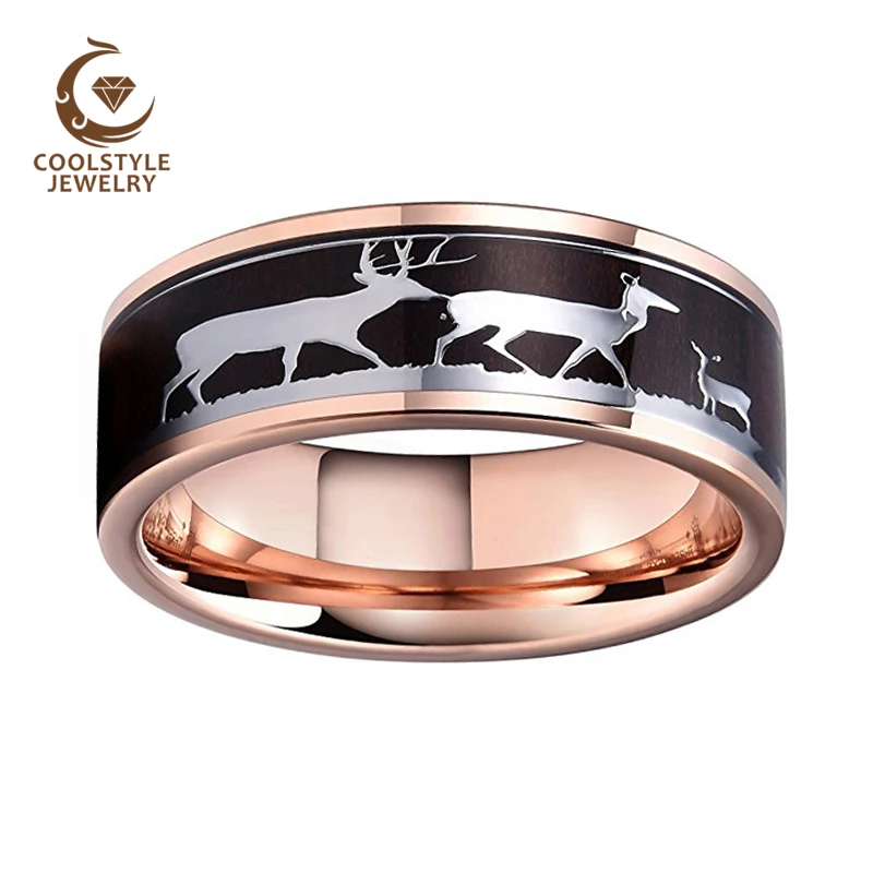 Rose Gold Wedding Band Pipe Cut Tungsten Ring With Dark Black Wood And Steel Deer Inlay Fashion Jewelry