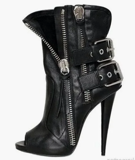 Punk Style Double Zipper Ankle Boots Woman Peep Toe Cone Heel Gladiator Sandals Boots Cut-out Buckle Short Bootie Black Leather
