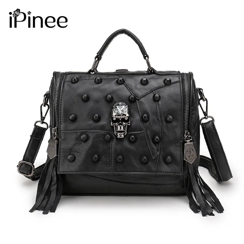 

iPinee Female Genuine Leather Women Bag Patchwork Rivets Skulls Decoration Multi-functional Backpack