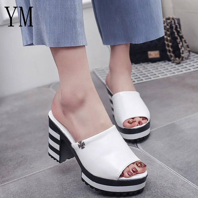 

2019 Sexy Women Chunky Heel Heels Platform Sandals Summer Slippers Thick Heel Slippers Slides Ladies Shoes Zapatos Mujer 35-40