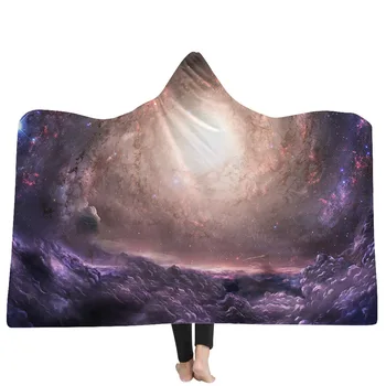 

3D Printed Starry sky Moon Thicking Hooded Blanket for Adult Gothic Sherpa Fleece Wearable Throw Blanket Microfiber Bedding