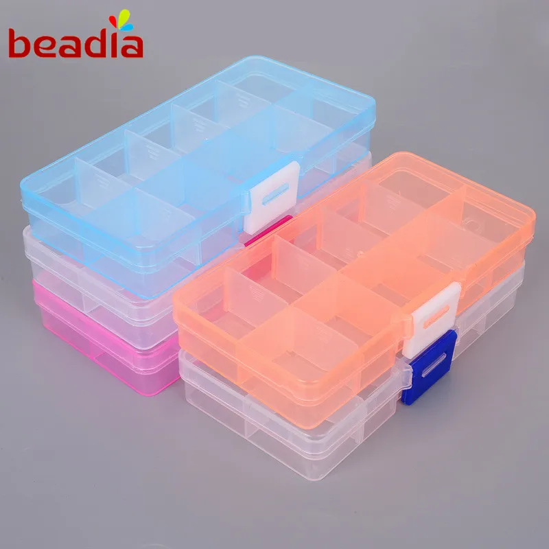 

Hot 12.8*6.5*2.2 cm Adjustable Box 10 Cells 5 Colors Transparent Color Splitable Plastic Storage DIY Boxes For Jewelry Findings