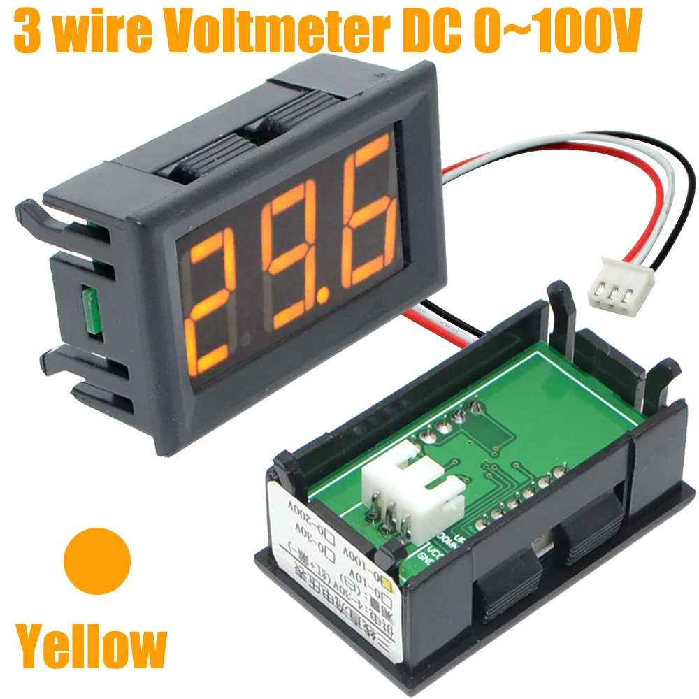 50pcs/lot 0.56" 3 Bits 3 Wire DC 0 100V Yellow Digital Voltmeter