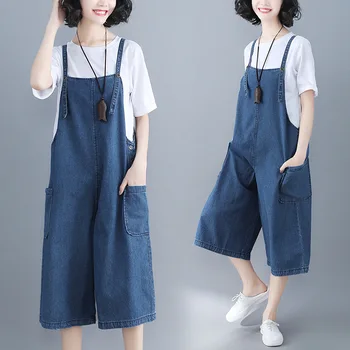 

Woman Literary Pure Color Denim Bib Pants Summer 2019 Literary Casual Loose Thin Wide-leg Jumpsuits XL-01