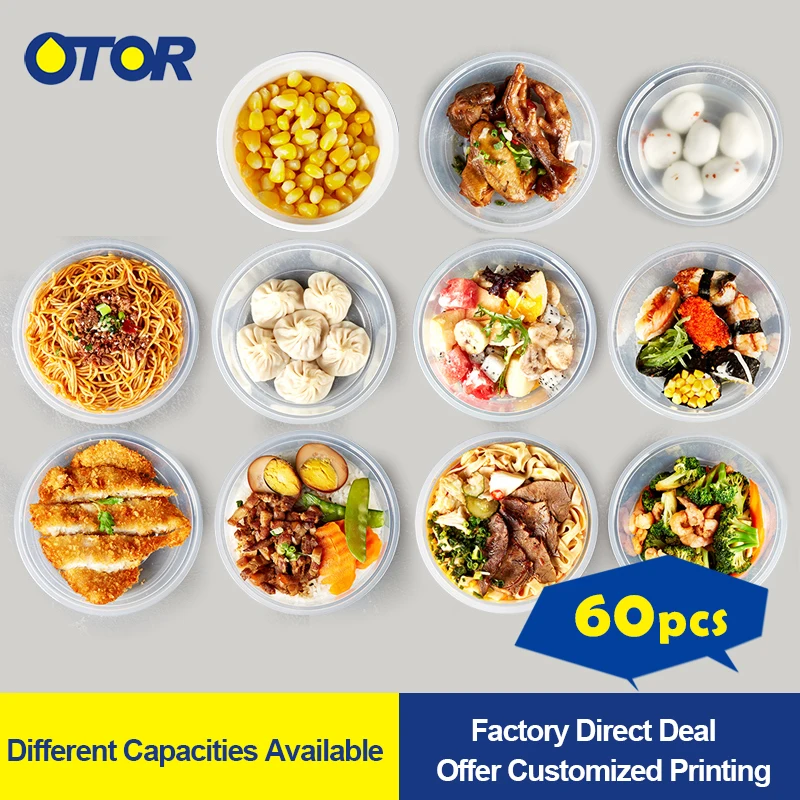 

OTOR Clear Round Plastic Food Containers Tubs Clear with Lids Microwave Food Safe Takeaway Box for Fast Food Deli Pot 60pcs