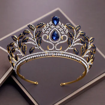 

New Vintage Rhinestone Queen Crown for Bride Wedding Tiara Large Crowns Blue Crytal Diadem for Bridal Headpiece Headdress CR150