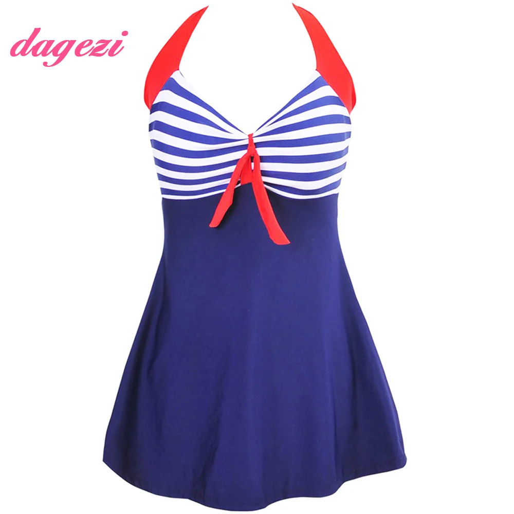 Buy Hot Striped Print Swimsuit Full Coverage Halter One Piece Swimsuit Dress