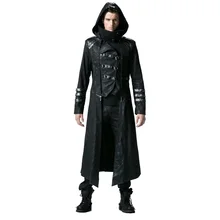 Gothic Black Winter Men’s Long Coat Steampunk Twill High Collar Jackets Punk Leather Coats Overcoats with Detachable Hem and Hat
