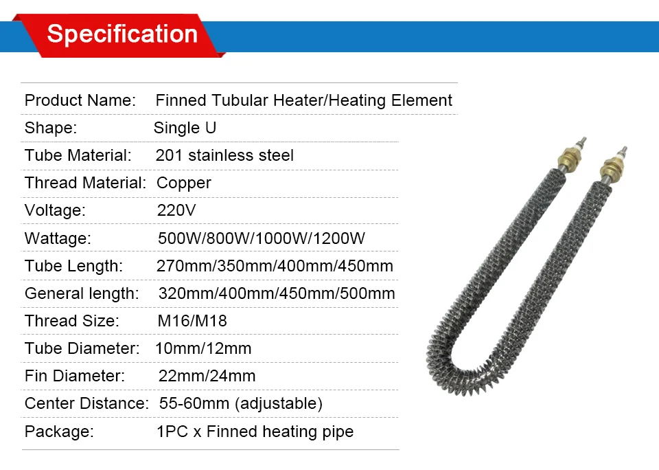 LJXH U Тип M18/16 Электрический оребренный трубчатый тепловая трубка, U-форма Fin Нагревательный элемент, U Тип, 220 V 500 W/800 W/1000 W/1200 W