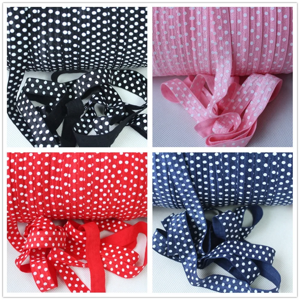 

13 colors White Dots Printed Fold Over Elastic Ribbon, 5/8" FOE Ribbon 50 yards-100 yards, offer custom print FOE