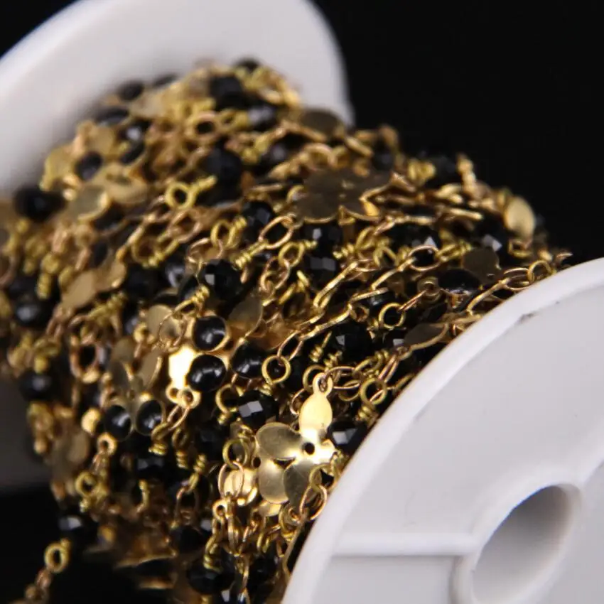 Oil Drip Flower Link Black Glass ChianBlack Crystal Faceted Rondelle Brass Wire Wrapped Rosary Chain Sweater Chain Necklace Jewelry Findings