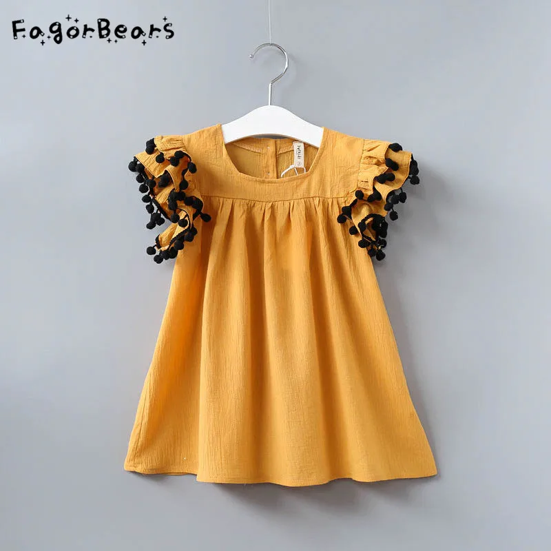 

FagorBears Girl Princess Dress Children's Clothing Female Summer Children Solid Color Cuffs Baby Round Neck Short Sleeve Dress