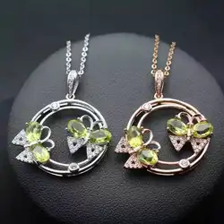 Натуральный Зеленый оливин подвеска S925 серебро Природный оливин кулон Цепочки и ожерелья Модные двойной бабочкой вечерние Девушка