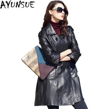 AYUNSUE новые осенние женские куртки и пальто из натуральной кожи двубортный длинный тонкий Женский Тренч из овечьей кожи LX930