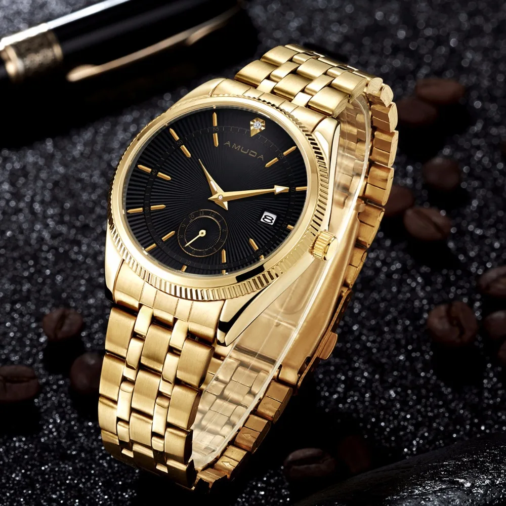 AMUDA Watches Men Golden Watch Business Casual Quartz Wristwatch