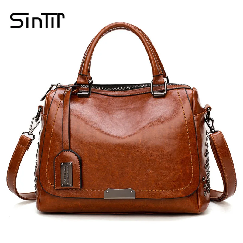 

SINTIR Designer Brand Oil Wax Leather Women Handbags Fashion Rivet Sequined Ladies Shoulder Bags Messenger Bag Female Travel Bag
