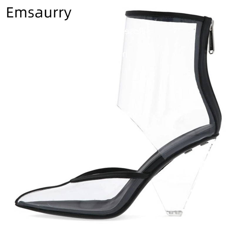 

Newest 2019 Painted Color PVC Short Boots Sexy Spike Heel Point Toe Cut Outs Transparent PVC Back Zip Catwalk Ankle Boots Women