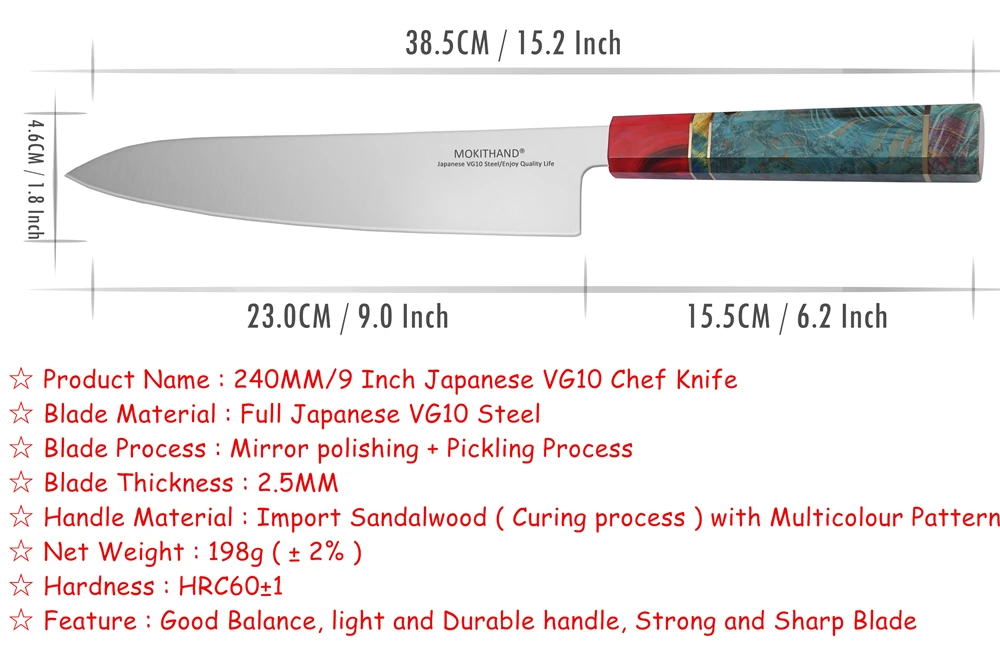 Mokithand 240 мм VG10 шеф-повара Ножи ручной работы, острый японский Кухня ножи профессиональный 9 дюймов Нержавеющая сталь рыбы мяса Ножи для дома