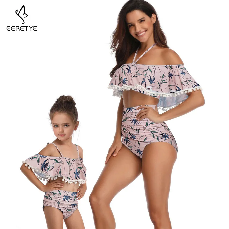 2019 Fashion Parent-child Swimwear New Floral Print Women Child Two Pieces Falbala Halter Tops Female Kid Suit Sexy Swimsuit