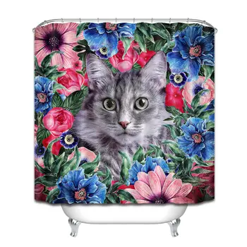 

Beautiful Floral Wreath Funny Cat Shower Curtain Set Waterproof Fabric Hooks 72"