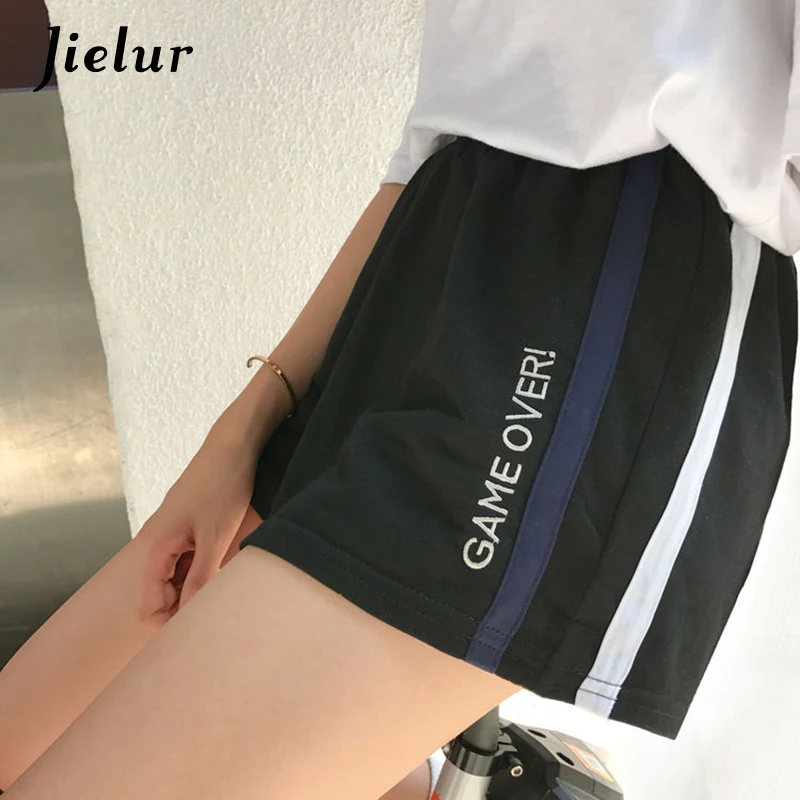 Jielur Side Stripe Letters Embroidery Elastic Waist Loose Shorts Feminino M-XXL Shorts Women Summer 2019 Black Spodenki Damskie