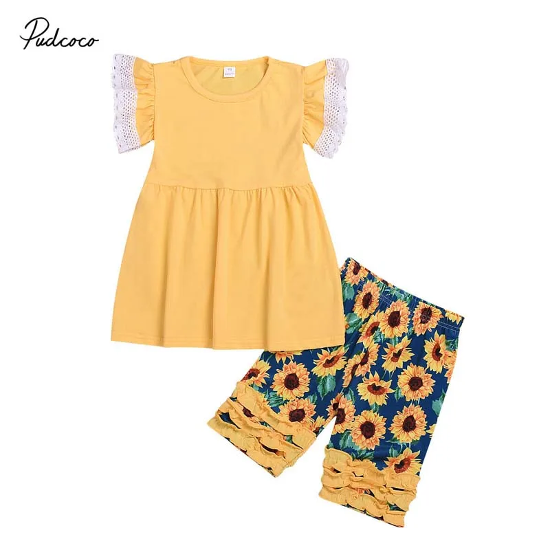 

2019 Brand Summer Newborn Floral Kids Baby Girl Clothes Lace Short Sleeve Tops Dress+Sunflower Ruffle Shorts Pants Boho 2PCS Set