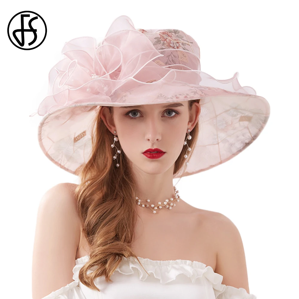 

FS Fascinator Chiffon Kentucky Derby Hats Flower Wedding Hats For Women Elegant Church Dresses Pink Beige Wide Brim Fedora