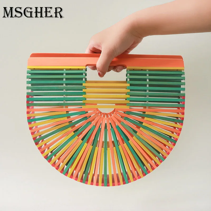 MSGHER Hollow Out Handle Bags Boho Bag Bamboo Handbag Female Bolsa Handmade Woven Design Famous Brand Women Summer Beach Bags