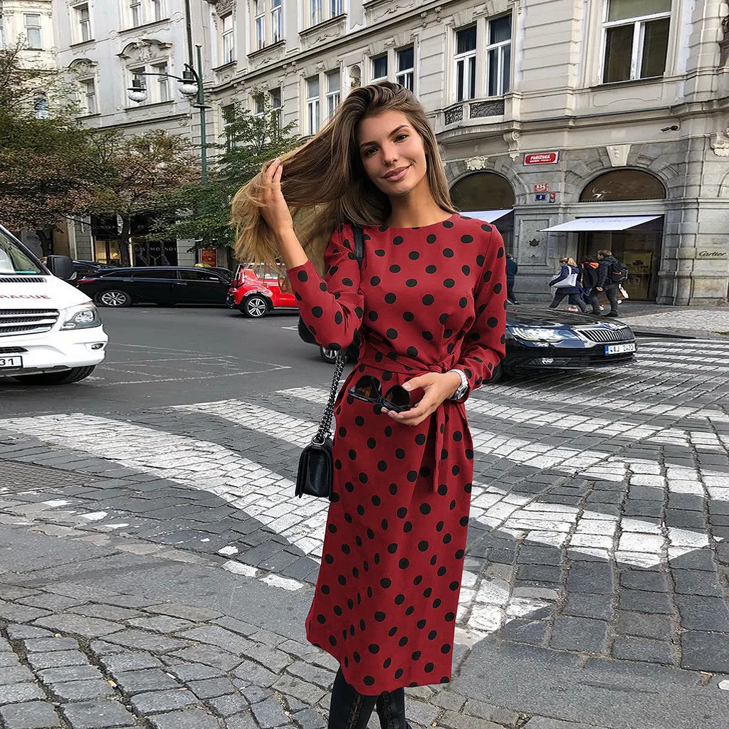 

jurken winter dress Women O-Neck Casual Dots print Long Sleeve Pockets Party Dress With Belt office lady dresses vestido robe