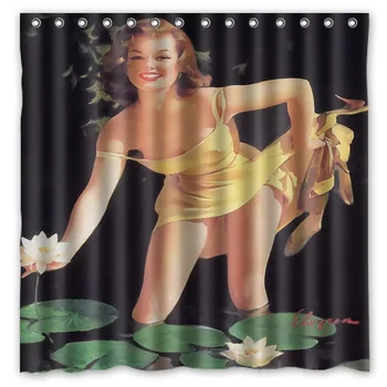 

Vintage Beautiful Pin Up Girl And Waterlily Background Printed Waterproof Polyester Shower&Bath Curtain( 180X180CM)