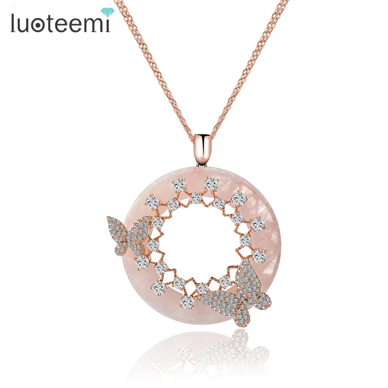 

LUOTEEMI Sweater Necklace Unique Rose Gold-Color With Butterfly Clear Cubic Zircon Big Circle Pendant Long Necklace for Women