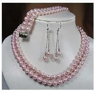 Новая свадебная бижутерия Для женщин размером 7-8 мм, розовая раковина, жемчужина ожерелье комплект из браслета и серег