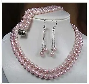 

new Bridal Fashion Jewellery Women 7-8mm Pink shell pearl necklace bracelet earring set