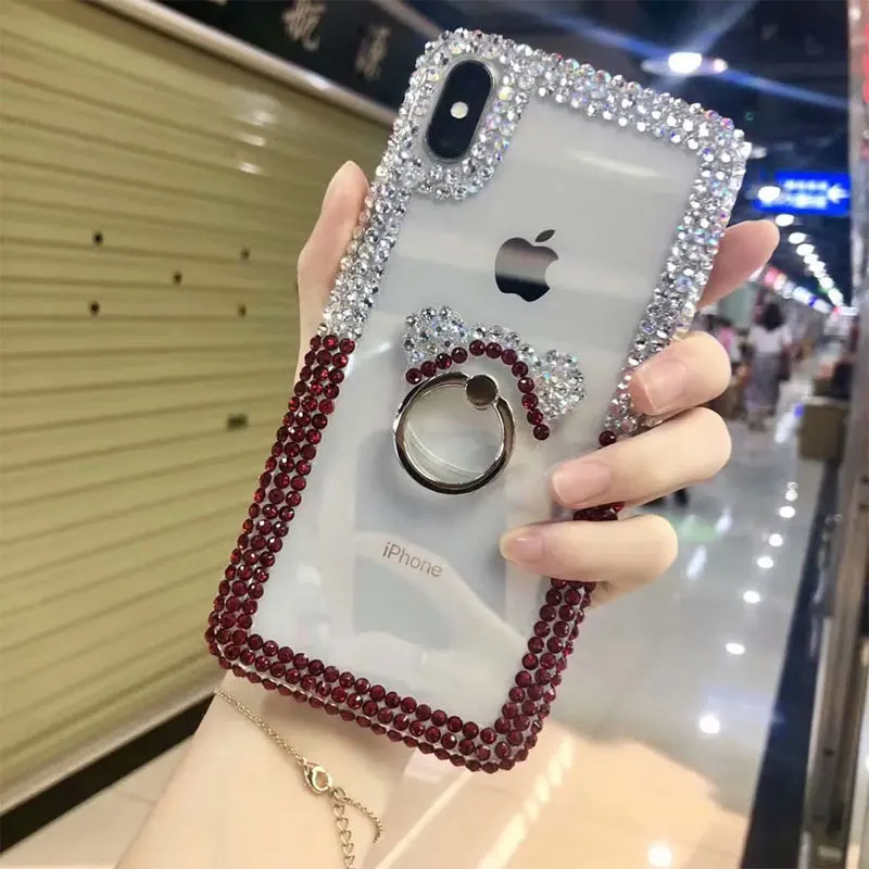 Red Для iphone X Case iphone XS MAX задняя крышка XR 8, 7, 6, 6S PLUS, роскошный алмаз прозрачную крышку, кольцо на палец, мягкий чехол для телефона ручной работы - Цвет: Red