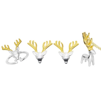 

Christmas Lucky Deer Jewelry Sets 925 Sterling Silver & Gold Plated Ring Earrings Necklace Christmas Jewelry Gift Party SJS001