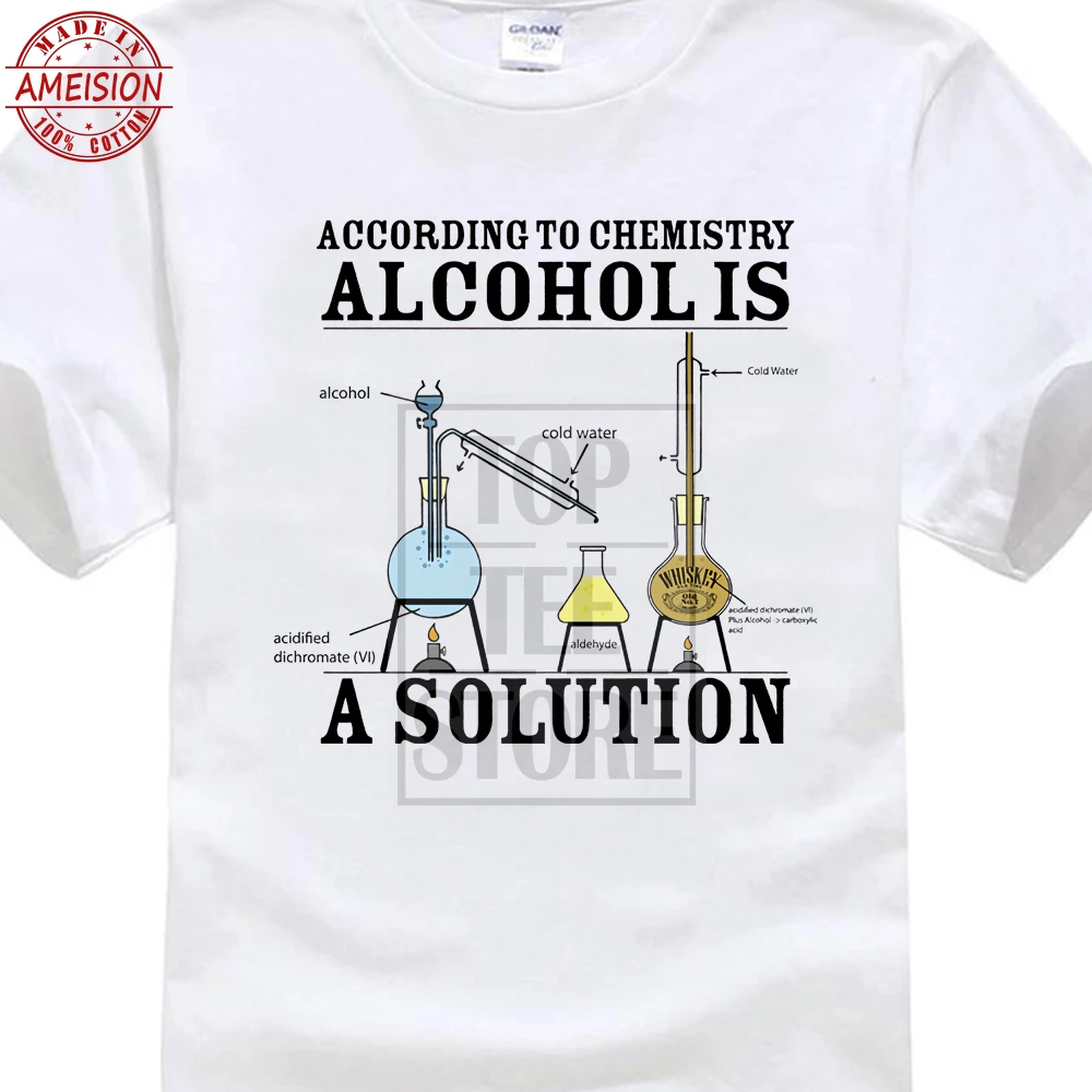 

Vintage Tee Shirts Alcohol Is A Solution Chemistry Funny Science Drunk Drinker Printed T Shirt Men'S Fashion Tees Hipster Tops