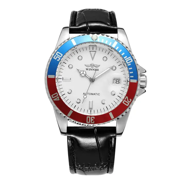 WINNER официальный бренд роскошные классические часы автоматические механические часы для мужчин кожаный ремешок Дата дисплей спортивный стиль наручные часы - Цвет: BLUE RED WHITE