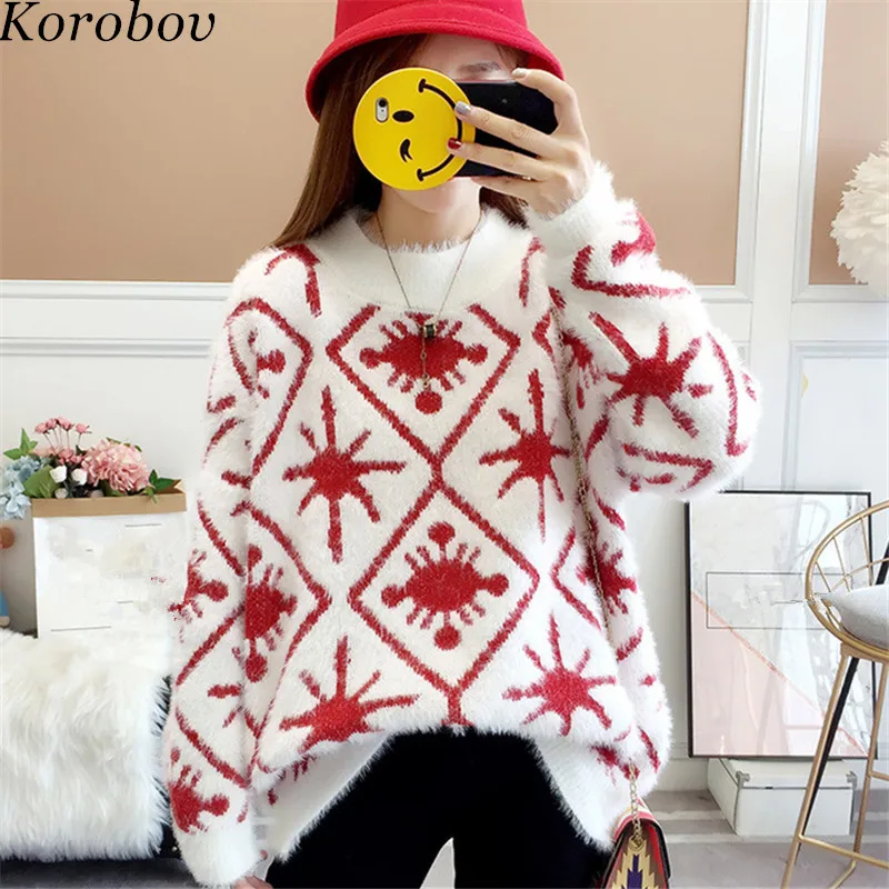Korobov 2019 новый зимний с круглым вырезом женский свитер мультфильм красный Argyle