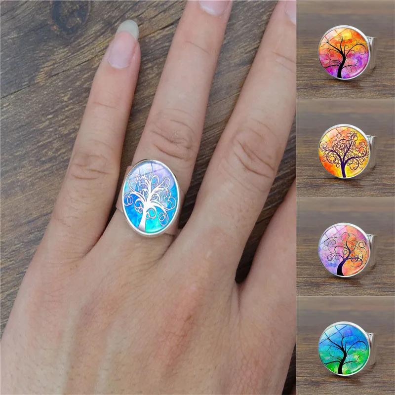 

Harajuku Style Jewelry with Silver Plated Tree of Life Pattern Glass Cabochon Adjustable Ring for Women Party Gift