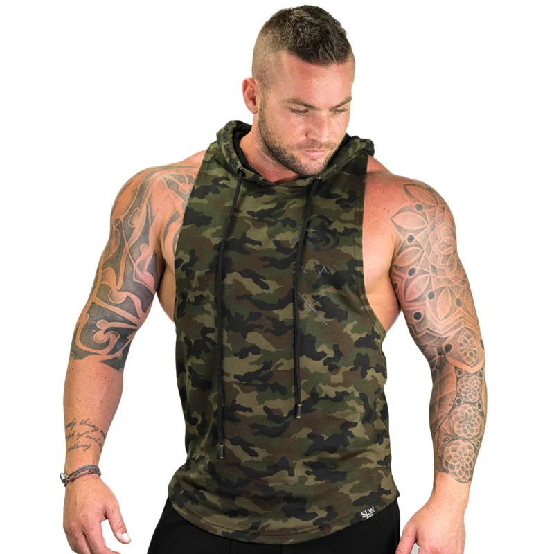 

Men sleeveless Hoodies Camouflage sweatshirt Fitness Bodybuilding Hooded pullover Male Spring summer Fashion Casual Sportswear
