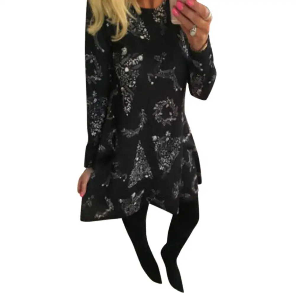 

2019 New Yfashion Women Stylish Black Christmas Series Printing Long Sleeve Dress Adult Gift