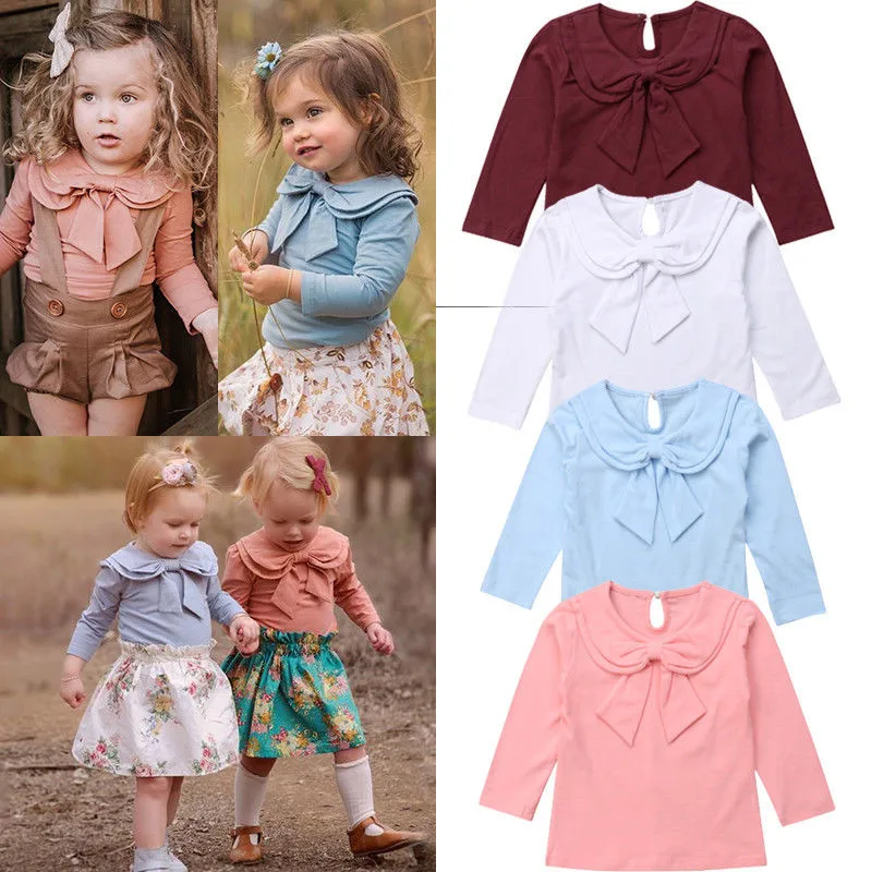 

PUDCOCO Newest Toddler Kids Baby Girl Doll Collar Bowknot Cotton Bottoming T-shirt Tops kids Autumn casual Clothes 1-5T