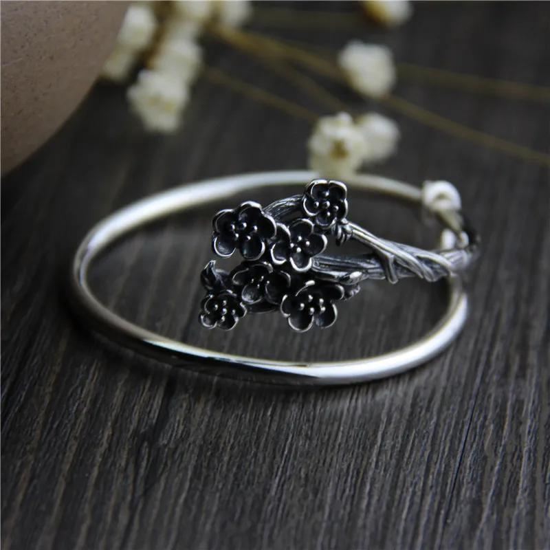 

C&R Real 925 Sterling Silver bangles for women bracelet Plum lady style ethnic style retro Thai Silver Fine Jewelry Adjustable
