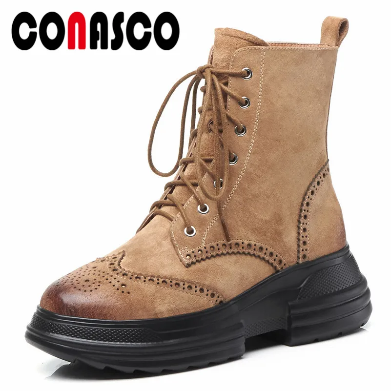 

CONASCO 2019 New Quality Women Ankle Boots High Heels Platform Round Toe Autumn Winter Martin Shoes Woman Punk Motorcycle Boots