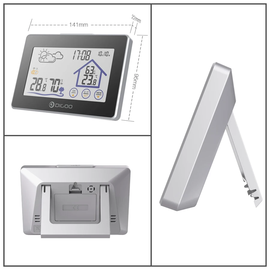 Digoo DG-TH8380 Wireless Touch Screen Weather Station Thermometer Outdoor Forecast Sensor Clock