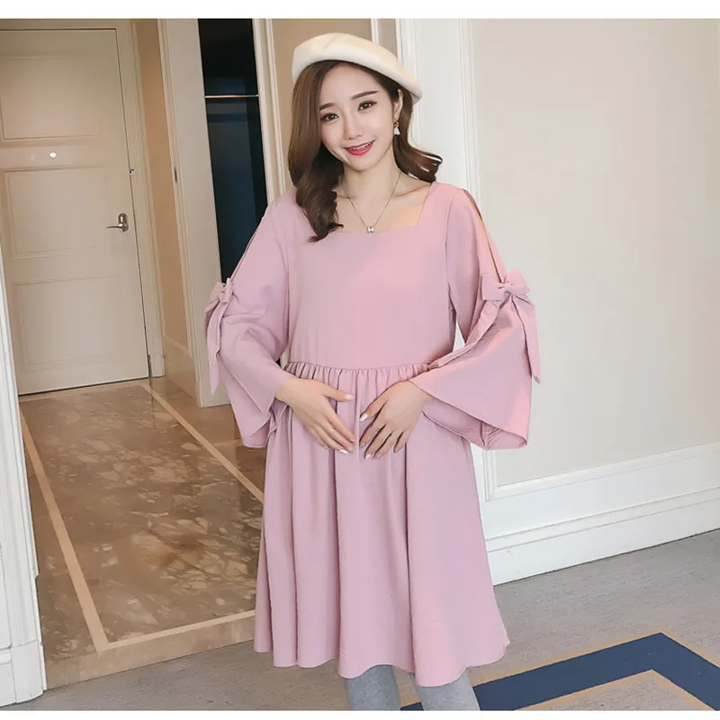 

Spring&Autumn Maternity Dress Long Sleeve Plus Size Pregnancy Short Dress Pink Color Loose Temperament Plus Size Dress C0008