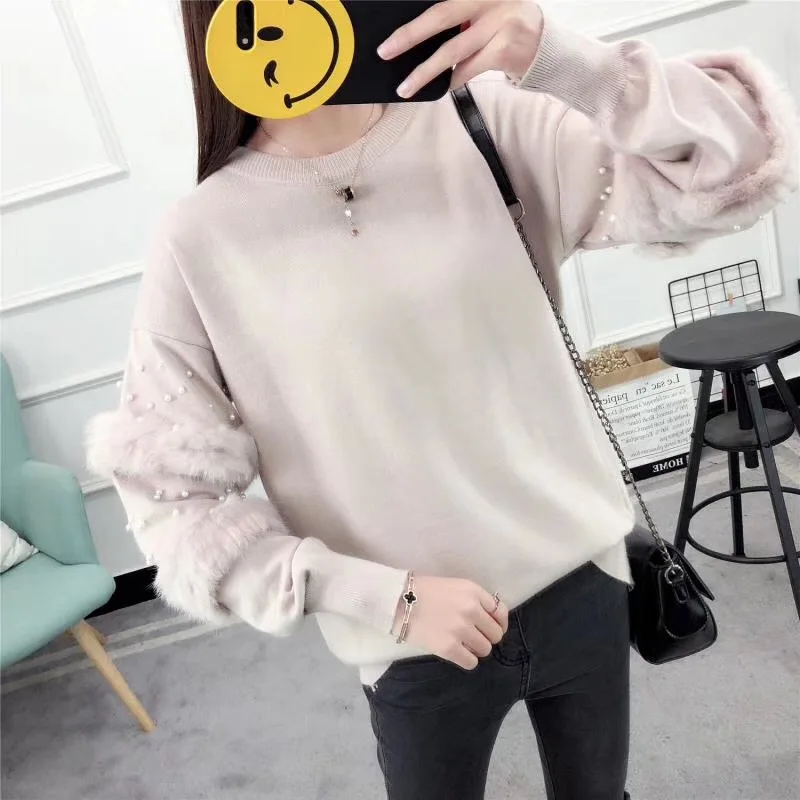 Fashion Pearls Beading Ans Faux Fur Embellished Cuff Jumper Grey Crew Neck Casual Pullovers Autumn Elegant Long Sleeve Sweater