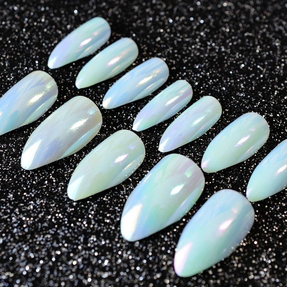 

Holographic Stiletto Fake Nails Mirror Jelly Water Blue with Colorful False Nail Full Cover Magic Effect Acrylic Nails Tips