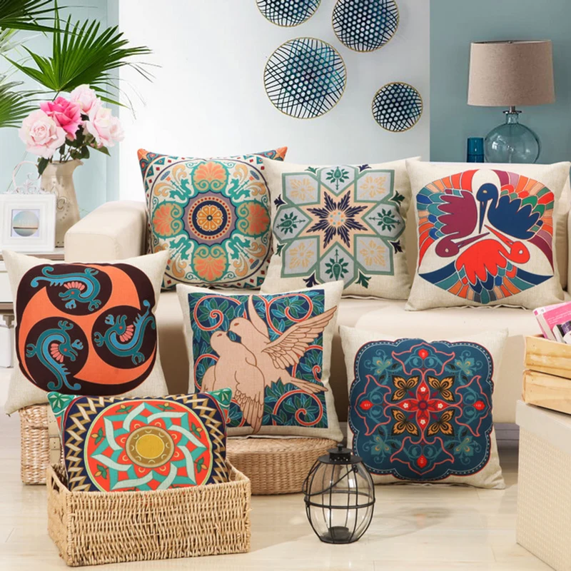 

Vintage Cushion Cover Ethnic Style Linen Throw Pillow Cover Geometric One Side Printing Bedding Home Decor housse de coussin