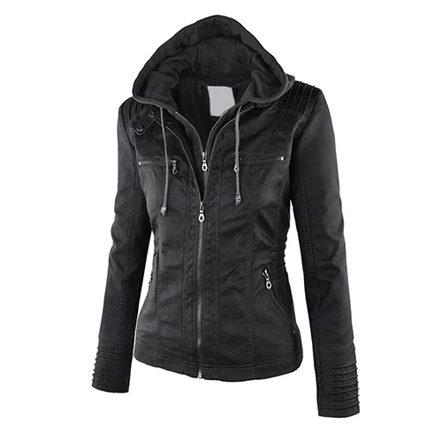Fashion Women Convertible Collar Faux Leather Coat Detachable Hooded Jacket
